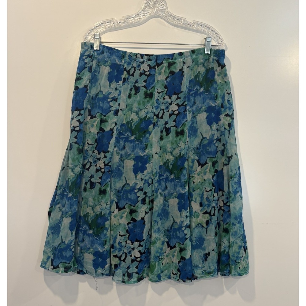 Dressbarn Woman Blue Green Floral Chiffon Midi Skirt Plus Size 1X Lined A-Line